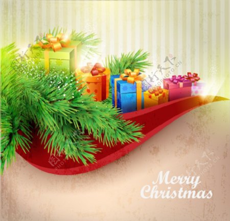动感线条礼盒松树枝圣诞背景图片