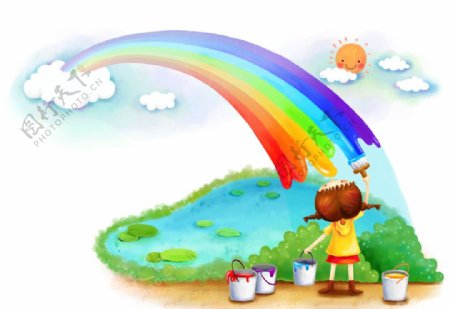 卡通小女孩绘彩虹图片