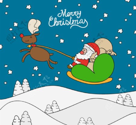卡通圣诞老人与雪橇背景矢量素材