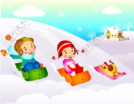 玩滑雪的可爱卡通儿童