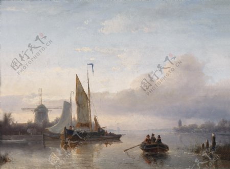 欧洲帆船天空大海风景油画