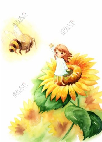 手绘蜜蜂向日葵