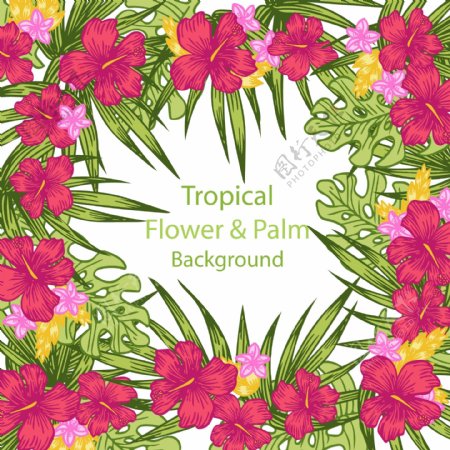 彩色热带花卉和棕榈树叶矢量图