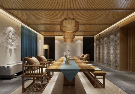 新中式风格会所会议室茶室效果图