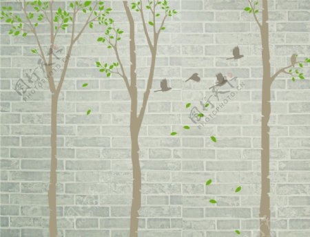 抽象手绘树木小鸟背景墙纸