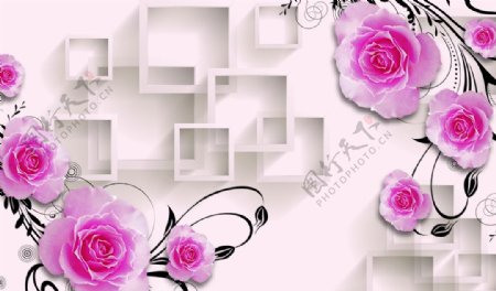 3D玫瑰花卉背景墙
