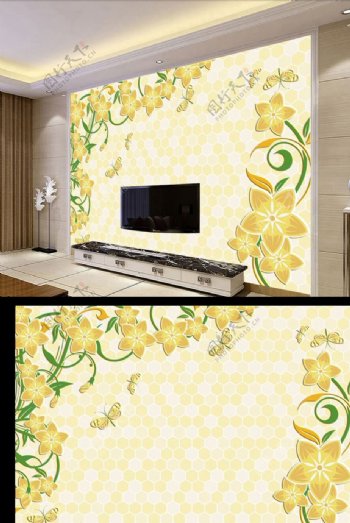 欧式手绘花朵电视背景墙