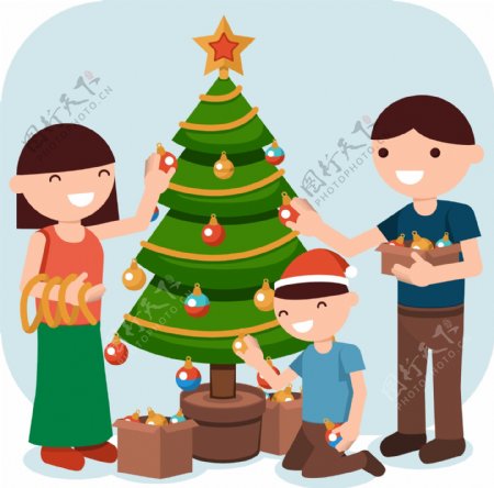 圣诞节和家人装圣诞树的孩子