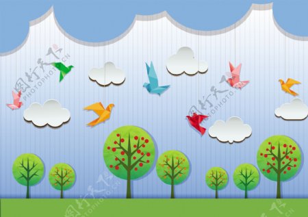 自然背景鸟云树图标剪纸免费矢量