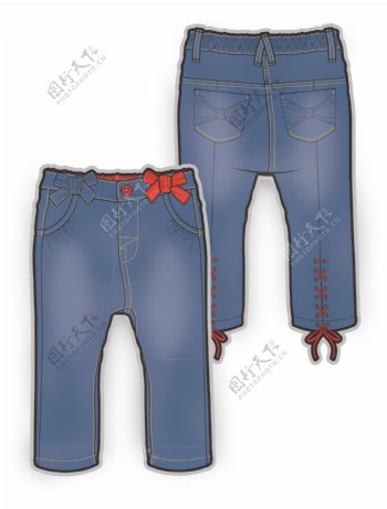 蓝色牛仔裤小女孩服装设计秋冬彩色原稿
