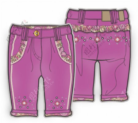 紫色中裤小女孩服装设计秋冬彩色原稿