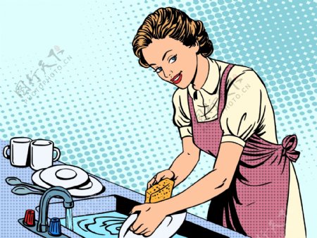 厨房洗碗的女人海报漫画风格人物矢量素