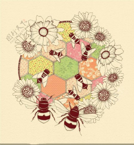 水彩花朵蜜蜂圆环插画