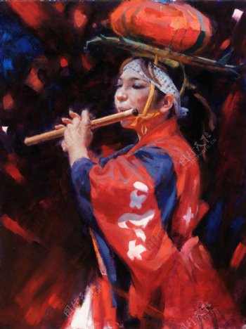 吹笛子的西方美女油画图片