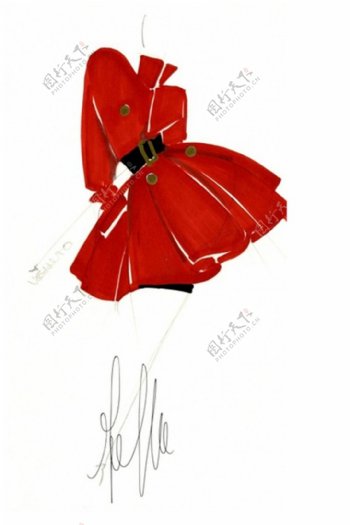 红色腰带连衣裙设计图