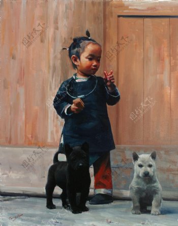 小女孩与小狗油画写生图片