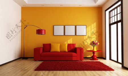 客厅内的红色沙发图片
