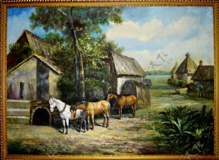 房屋马匹油画图片