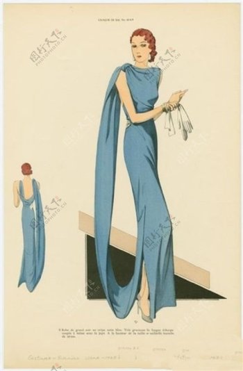 深蓝色欧式露背长裙设计图