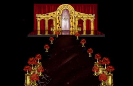 婚礼手绘舞台红色金色罗马柱