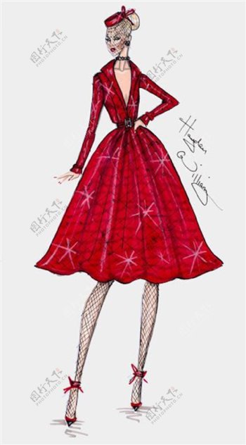 红色格子深V连衣裙设计图