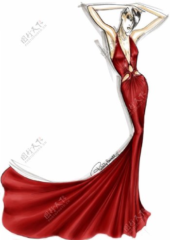 红色深V长裙礼服设计图