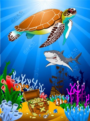海底乌龟和宝箱图片