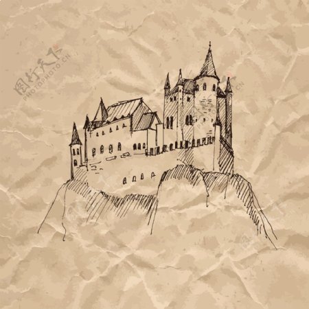 悬崖上城堡褶皱纸张手绘速写欧洲建筑矢量