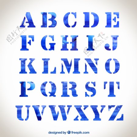 26个蓝色水彩字母矢量素材