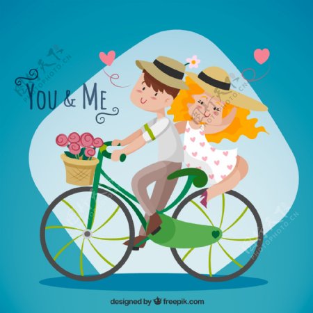 卡通骑单车戴草帽的情侣矢量素材