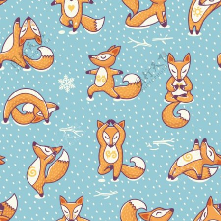 动物卡通瑜伽狐狸无缝背景矢量图