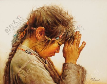 祈祷的儿童油画图片