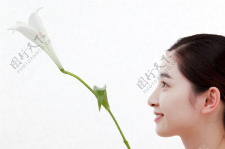 面带微笑看着百合花的韩国美女图片