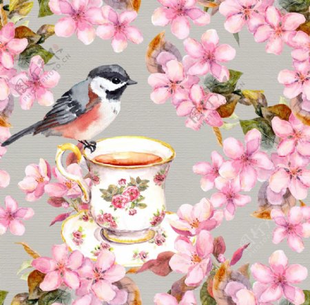 水彩茶杯与花鸟画图片