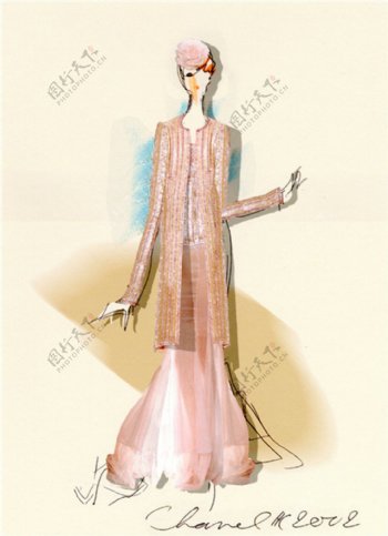粉色长款礼服及长外套设计图