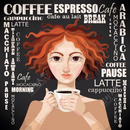 喝咖啡的欧美女孩插画