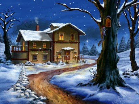 傍晚雪地上的房屋美景图片