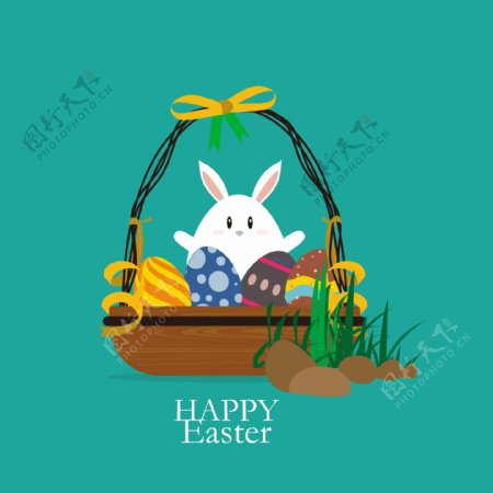 篮子里可爱的兔子与彩蛋背景图