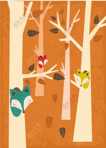 可爱狐狸与树背景图
