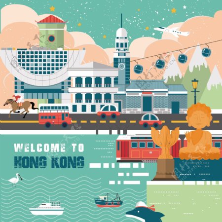 香港建筑扁平风格图样设计