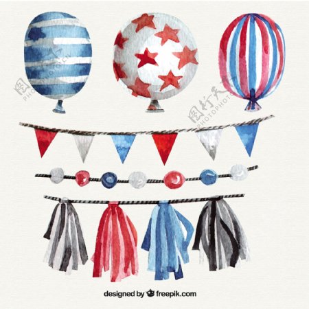 水彩画的气球和彩旗设置