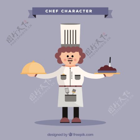 手绘扁平风格厨师角色端两个菜背景
