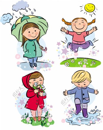 下雨天和晴天下的卡通儿童