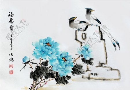 国画蓝色牡丹与鸟图片