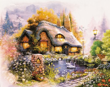 无框树木房屋风景画图片