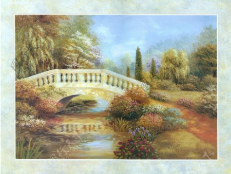 油画小桥河流图片