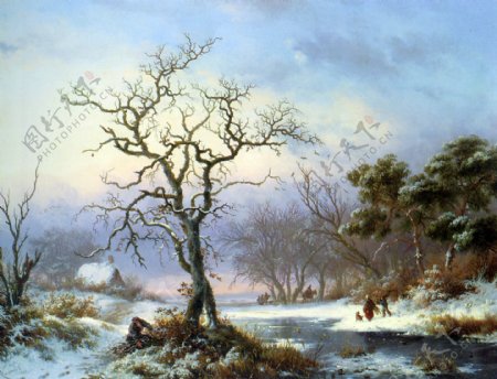 油画冬天树木图片
