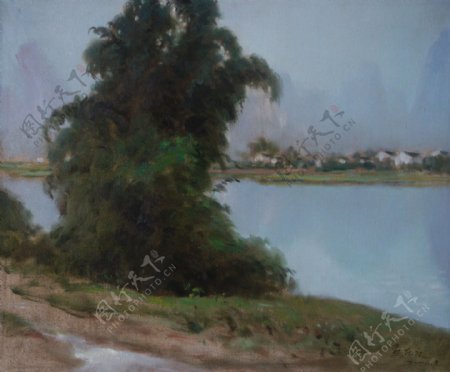 湖泊树木油画图片