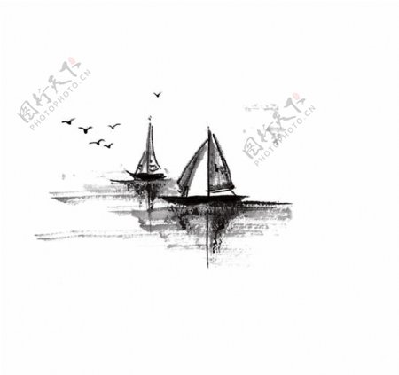 中国风山水小船白鸽装饰图案设计元素素材