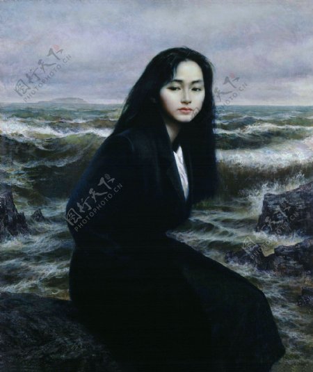 坐在海边礁石上的东方美女油画图片